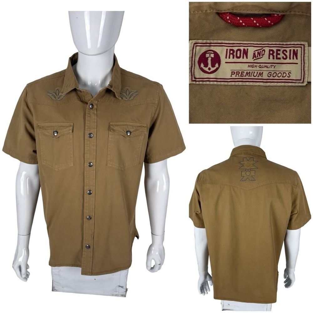 Iron & Resin Mens Large Shirts Western Sapa Brown 100% Cotton Short Sleeve